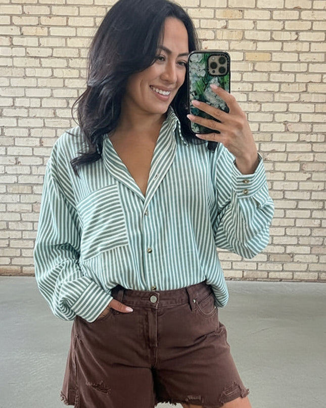 Green white stripe button down shirt