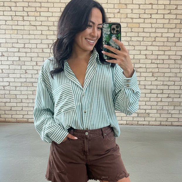 Green white stripe button down shirt