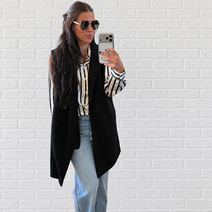 Black Striped Satin Button Down Shirt