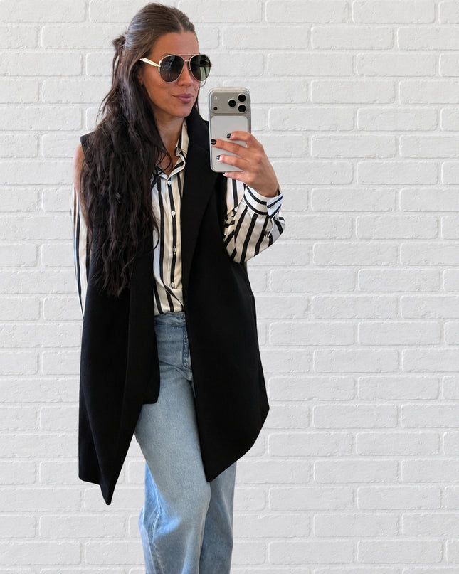 Black Striped Satin Button Down Shirt