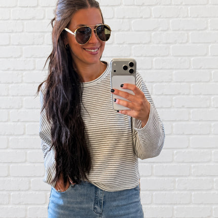 Grey Striped Waffle Long Sleeve Top