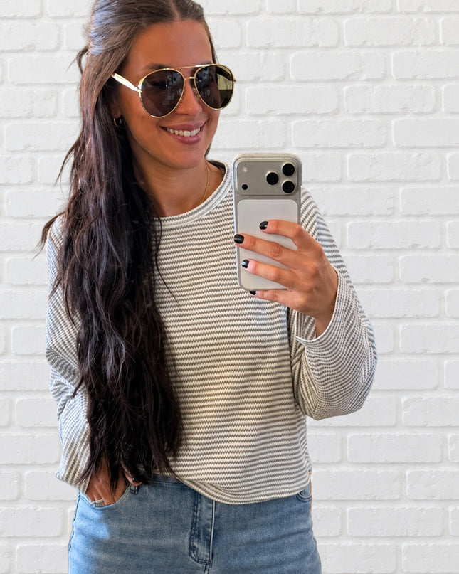 Grey Striped Waffle Long Sleeve Top