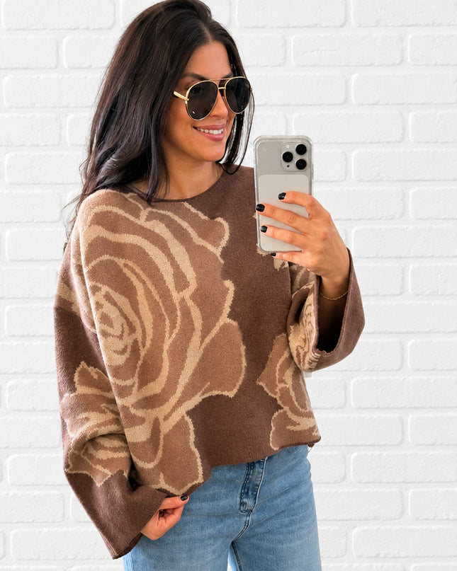 Chocolate Rose Floral Jacquard Sweater