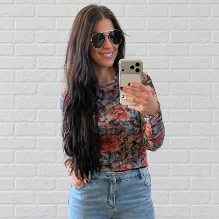 Black Floral-Print Mesh Top