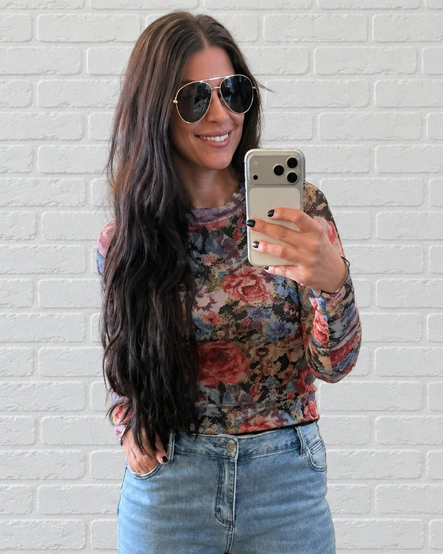 Black Floral-Print Mesh Top