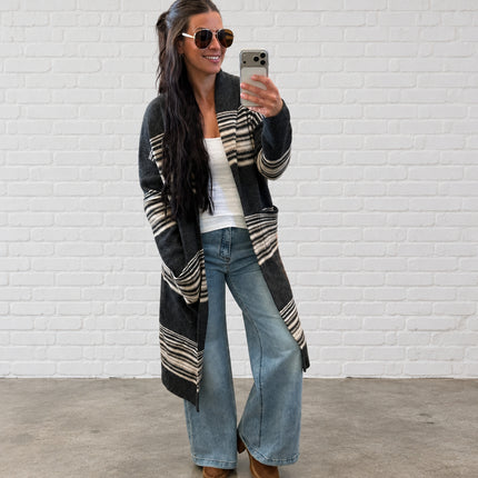 Charcoal Multi Striped Open Front Cardigan