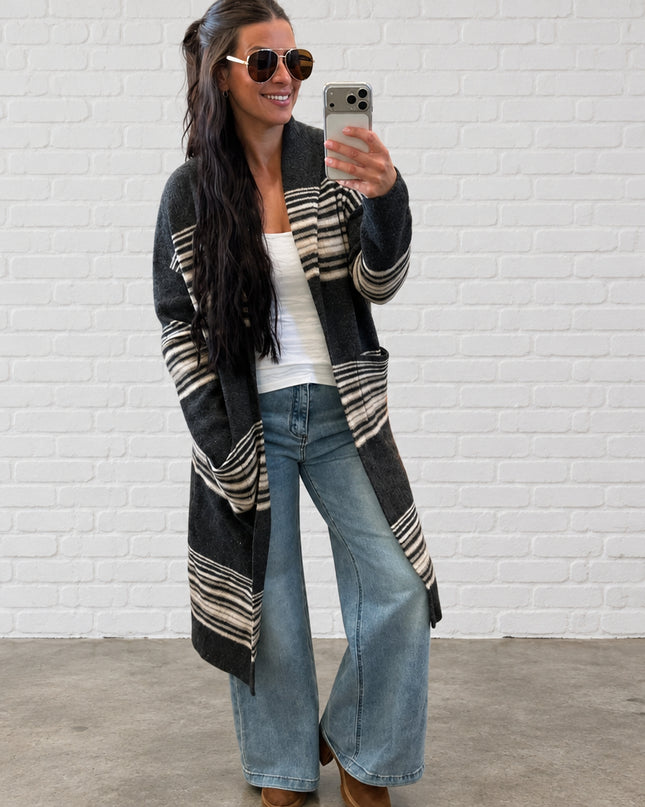 Charcoal Multi Striped Open Front Cardigan
