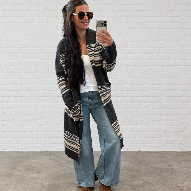 Charcoal Multi Striped Open Front Cardigan