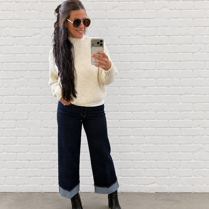 High Rise Fold Cuffed Dark Wash Wide Leg Jeans