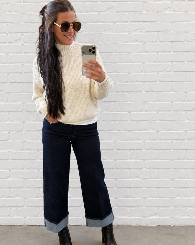 High Rise Fold Cuffed Dark Wash Wide Leg Jeans