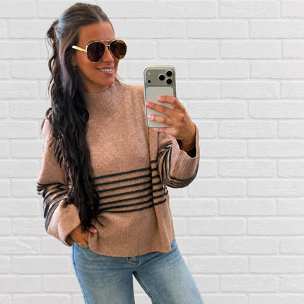 Tan High Neck Stripe Wide Hem Sweater