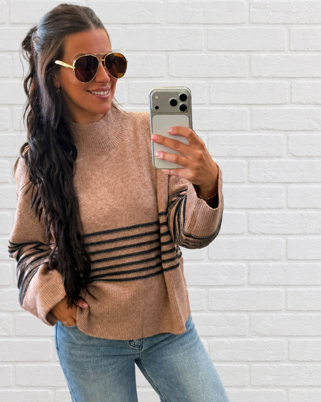Tan High Neck Stripe Wide Hem Sweater