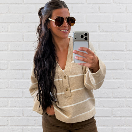 Taupe Oversized Deep V-neck Striped Sweater