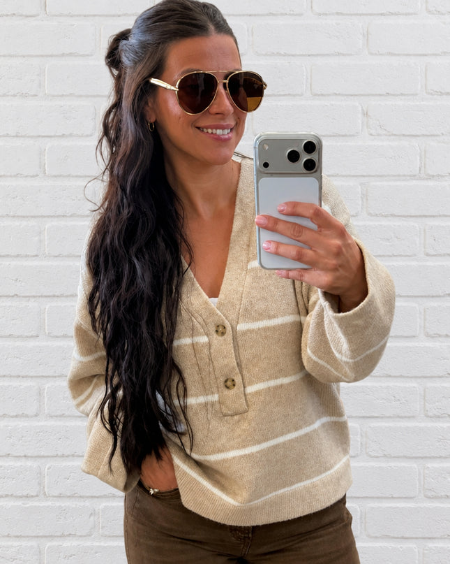 Taupe Oversized Deep V-neck Striped Sweater