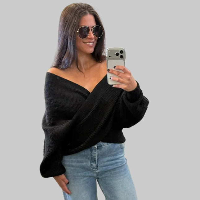 Black Wrap Crossover Ribbed Sweater