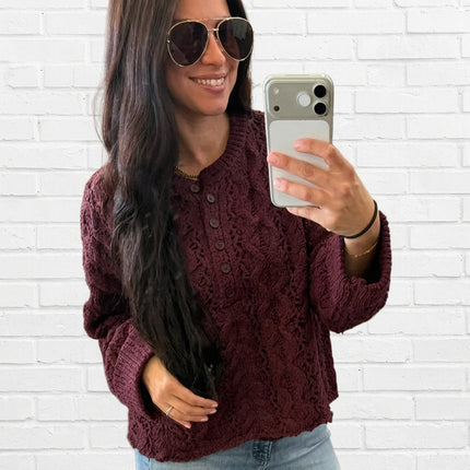 Maroon Half-Button Down Open Knit Sweater