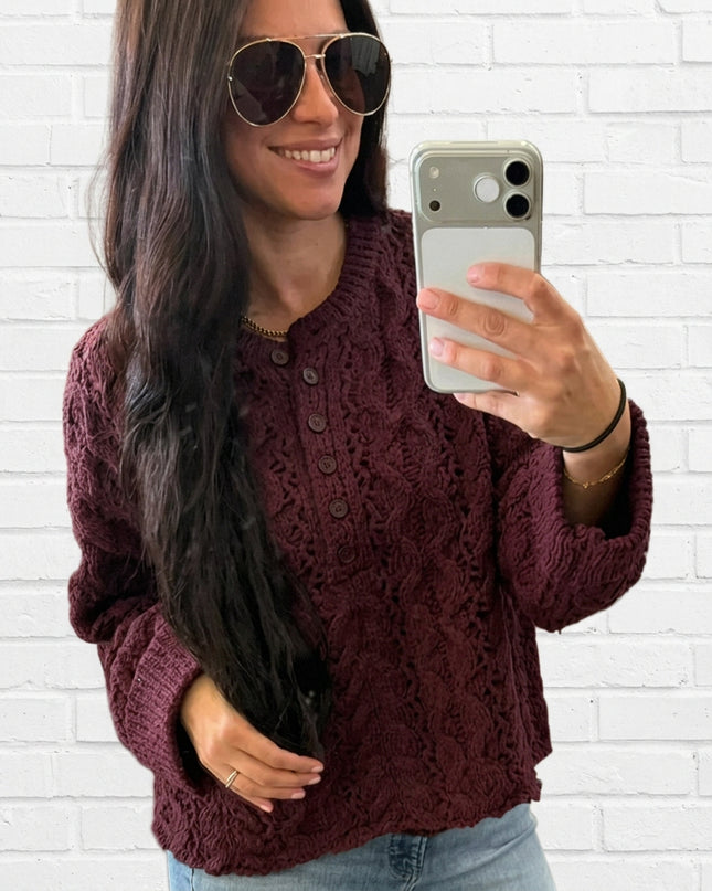Maroon Half-Button Down Open Knit Sweater