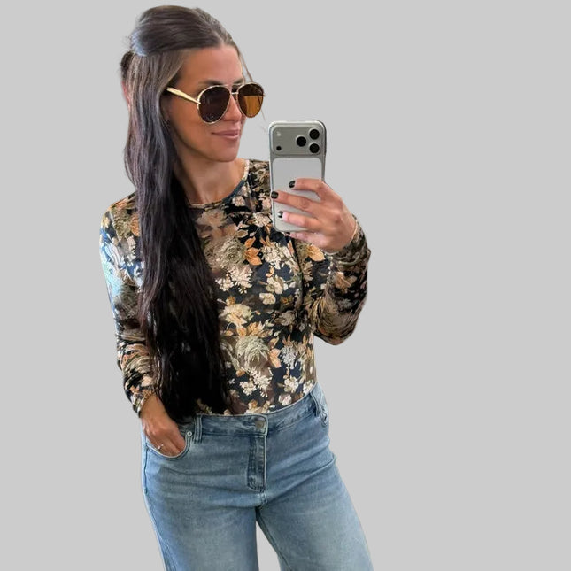 Black Gold Vintage Floral Velvet Bodysuit