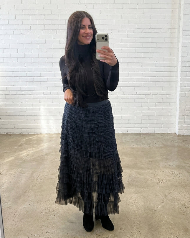 Navy Plaid Mesh Ruffle Maxi Skirt