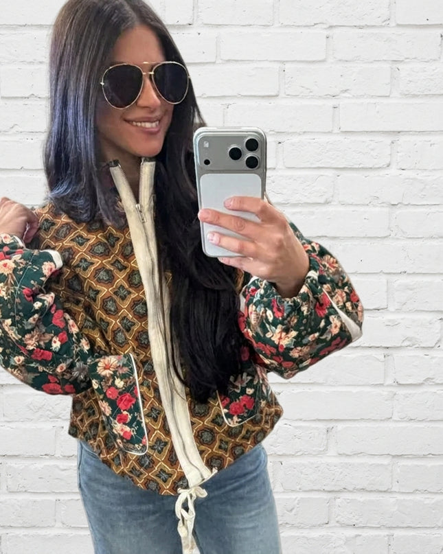 Brown Patchwork Quilted Bomber Jacket