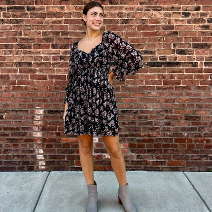 Black Floral Chiffon Babydoll Mini Dress
