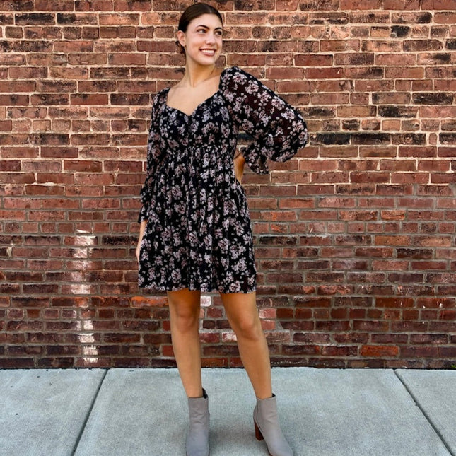 Black Floral Chiffon Babydoll Mini Dress