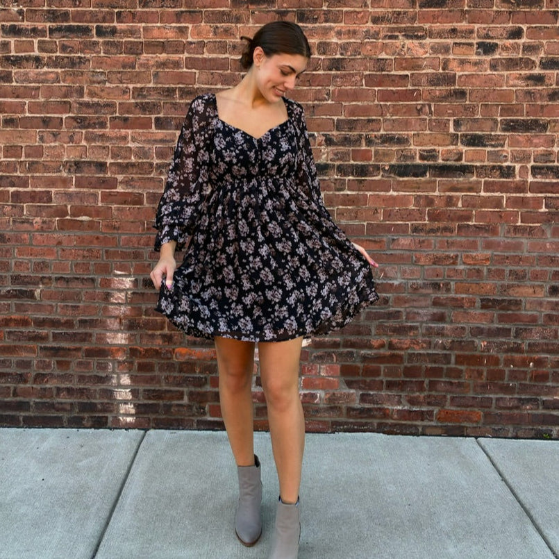Black Floral Chiffon Babydoll Mini Dress Black Floral Chiffon Babydoll Mini Dress