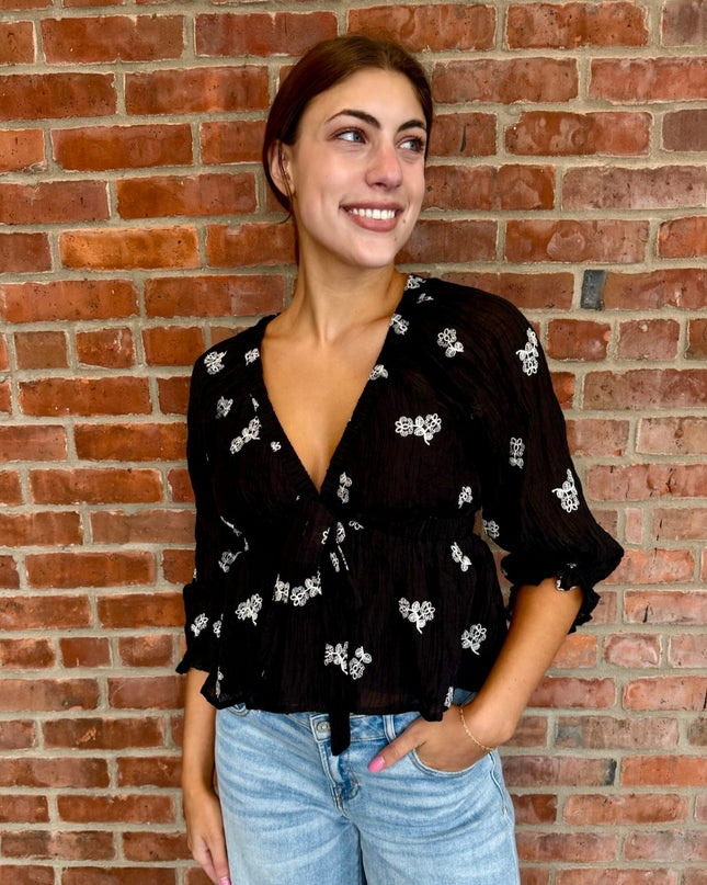 Black Floral Embroidered Tie Waist Top - Shop Simply Apparel