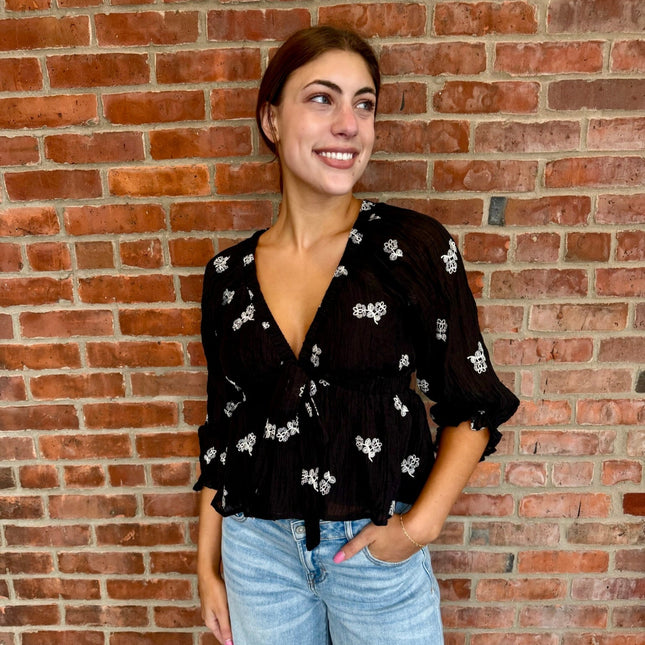 Black Floral Embroidered Tie Waist Top - Shop Simply Apparel