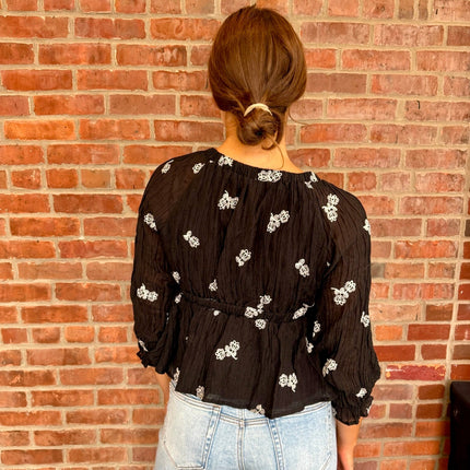 Black Floral Embroidered Tie Waist Top - Shop Simply Apparel