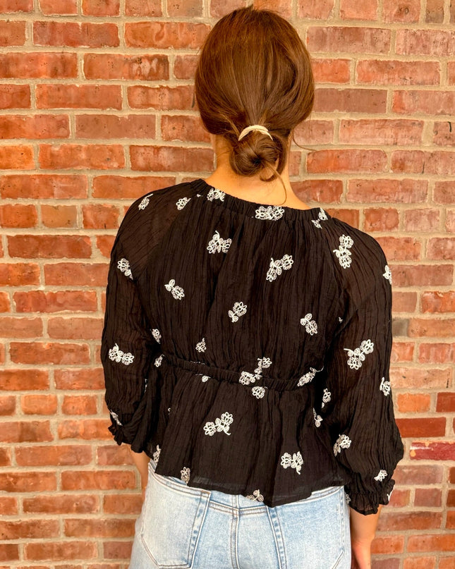 Black Floral Embroidered Tie Waist Top - Shop Simply Apparel
