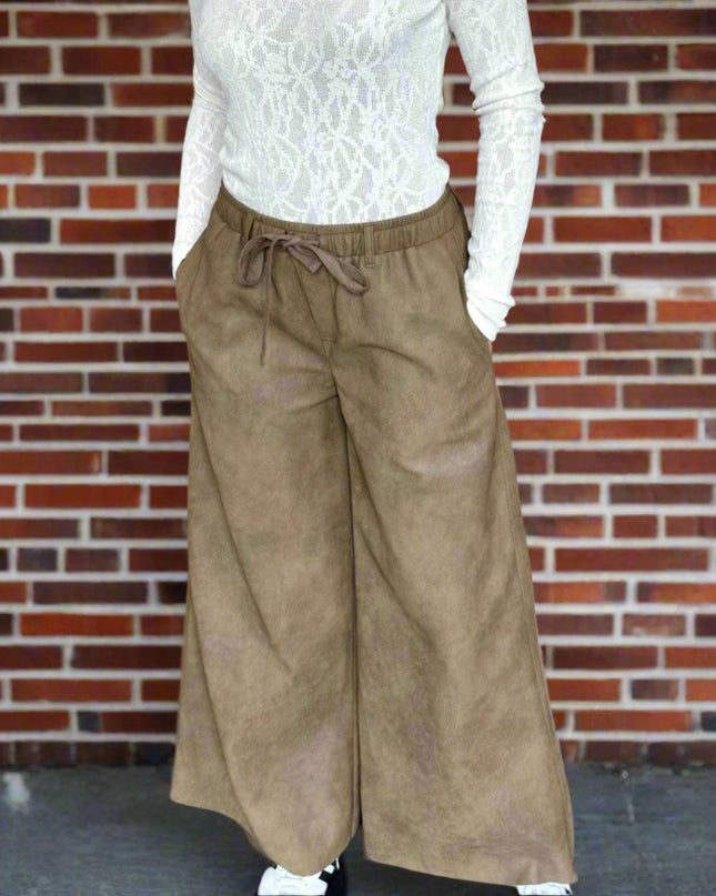 Brown Faux Leather Wide Leg Pants