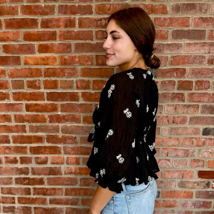 Black Floral Embroidered Tie Waist Top - Shop Simply Apparel