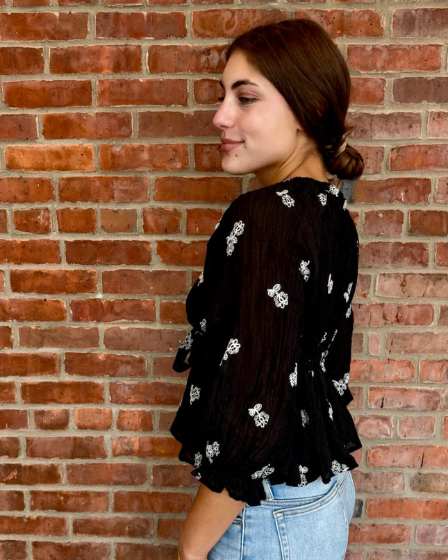 Black Floral Embroidered Tie Waist Top - Shop Simply Apparel