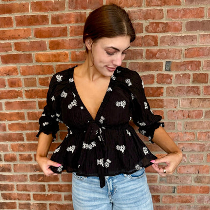 Black Floral Embroidered Tie Waist Top - Shop Simply Apparel