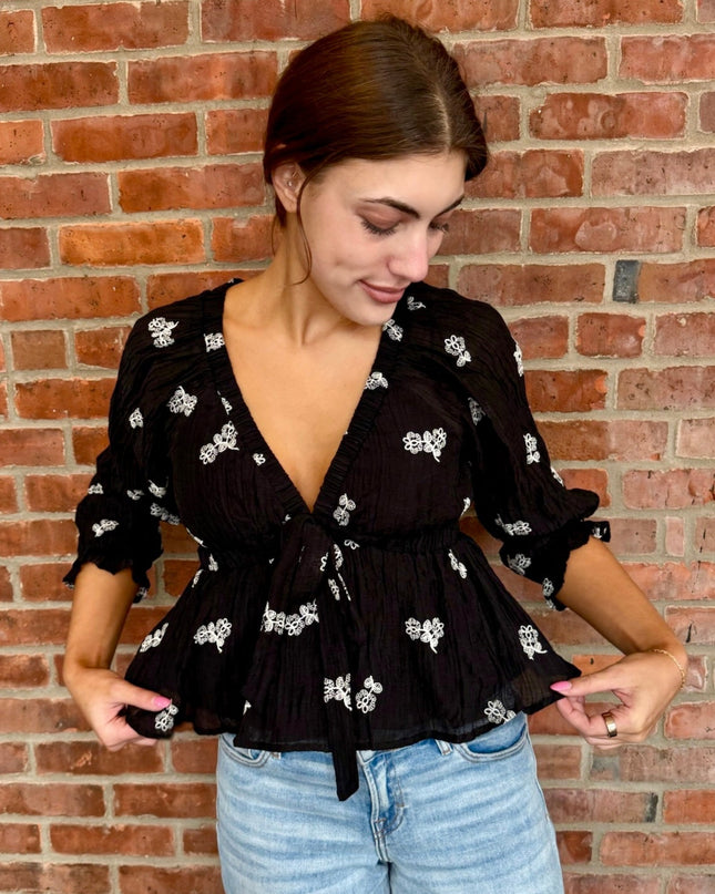 Black Floral Embroidered Tie Waist Top - Shop Simply Apparel