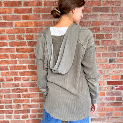 Olive Garment Dye Knit Waffle Hoodie Shacket - Shop Simply Apparel