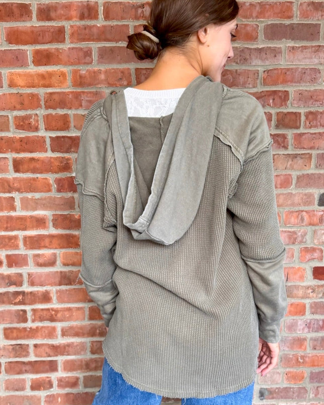 Olive Garment Dye Knit Waffle Hoodie Shacket - Shop Simply Apparel