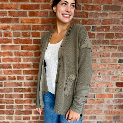 Olive Garment Dye Knit Waffle Hoodie Shacket - Shop Simply Apparel