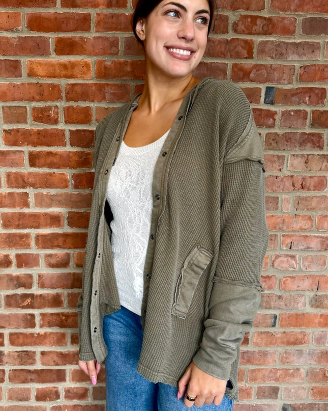 Olive Garment Dye Knit Waffle Hoodie Shacket - Shop Simply Apparel