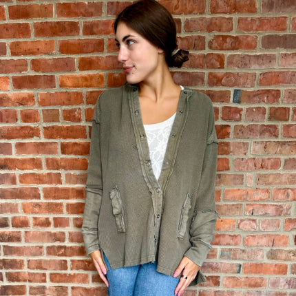 Olive Garment Dye Knit Waffle Hoodie Shacket - Shop Simply Apparel