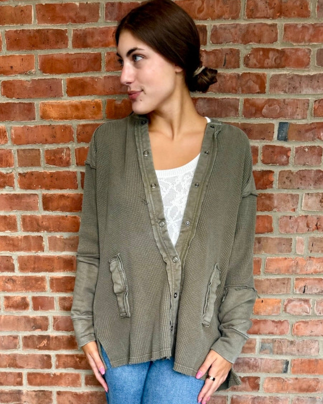 Olive Garment Dye Knit Waffle Hoodie Shacket - Shop Simply Apparel