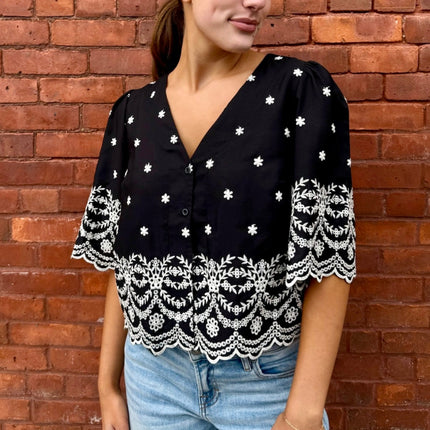 Black Floral Embroidered Top