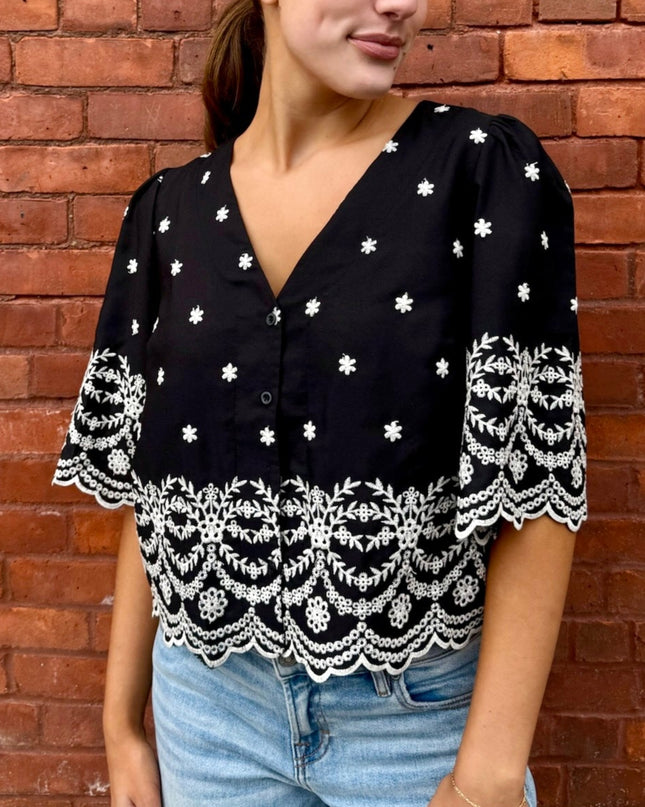 Black Floral Embroidered Top