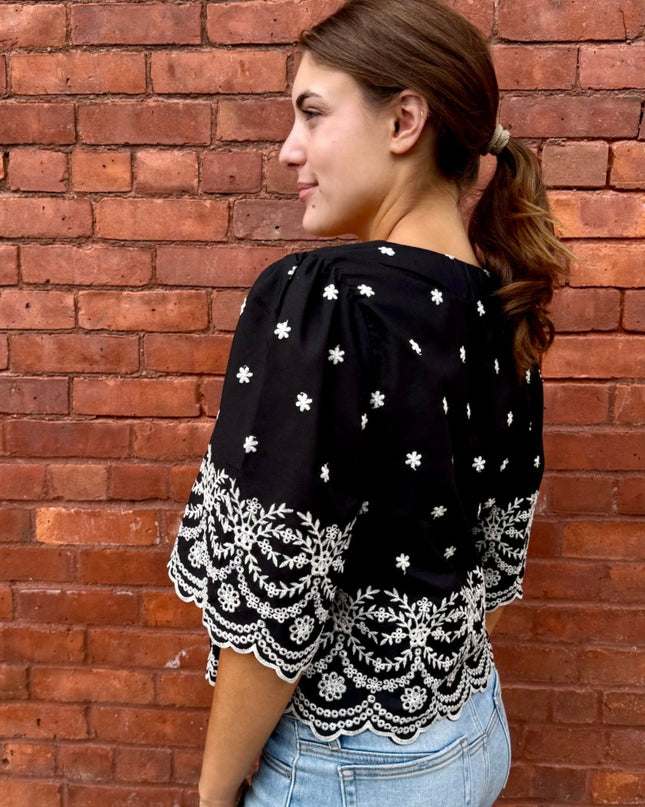 Black Floral White Embroidered Top