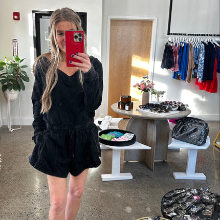 V-Neck Drawstring Waist Long Sleeve Romper