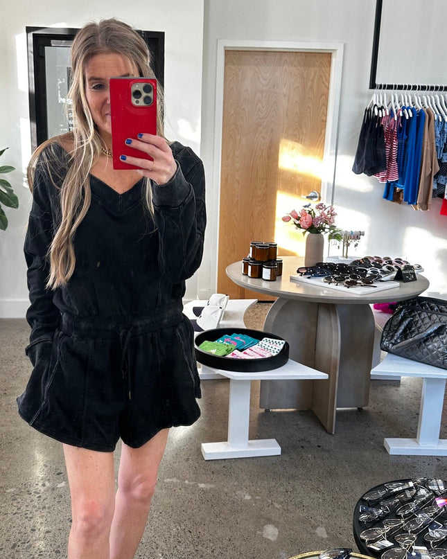 V-Neck Drawstring Waist Long Sleeve Romper