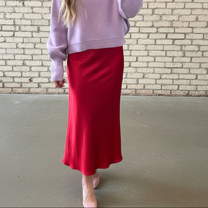 Red Satin Elastic Waist Mid Length Skirt