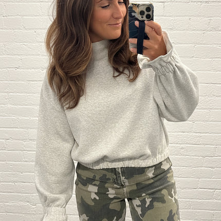 Heather Grey Mock Neck Ruffled Cuff Sweatshirt