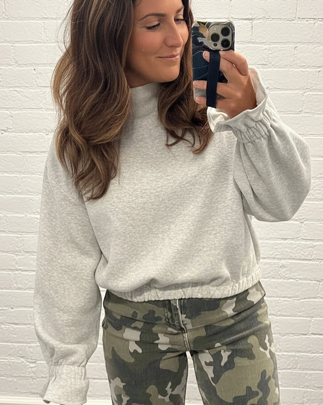 Heather Grey Mock Neck Ruffled Cuff Sweatshirt